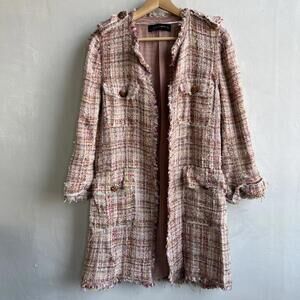 Zara Woman Pink Tweed Long Bouclé Coat Jacket Medium Fringe Gold Button Trench